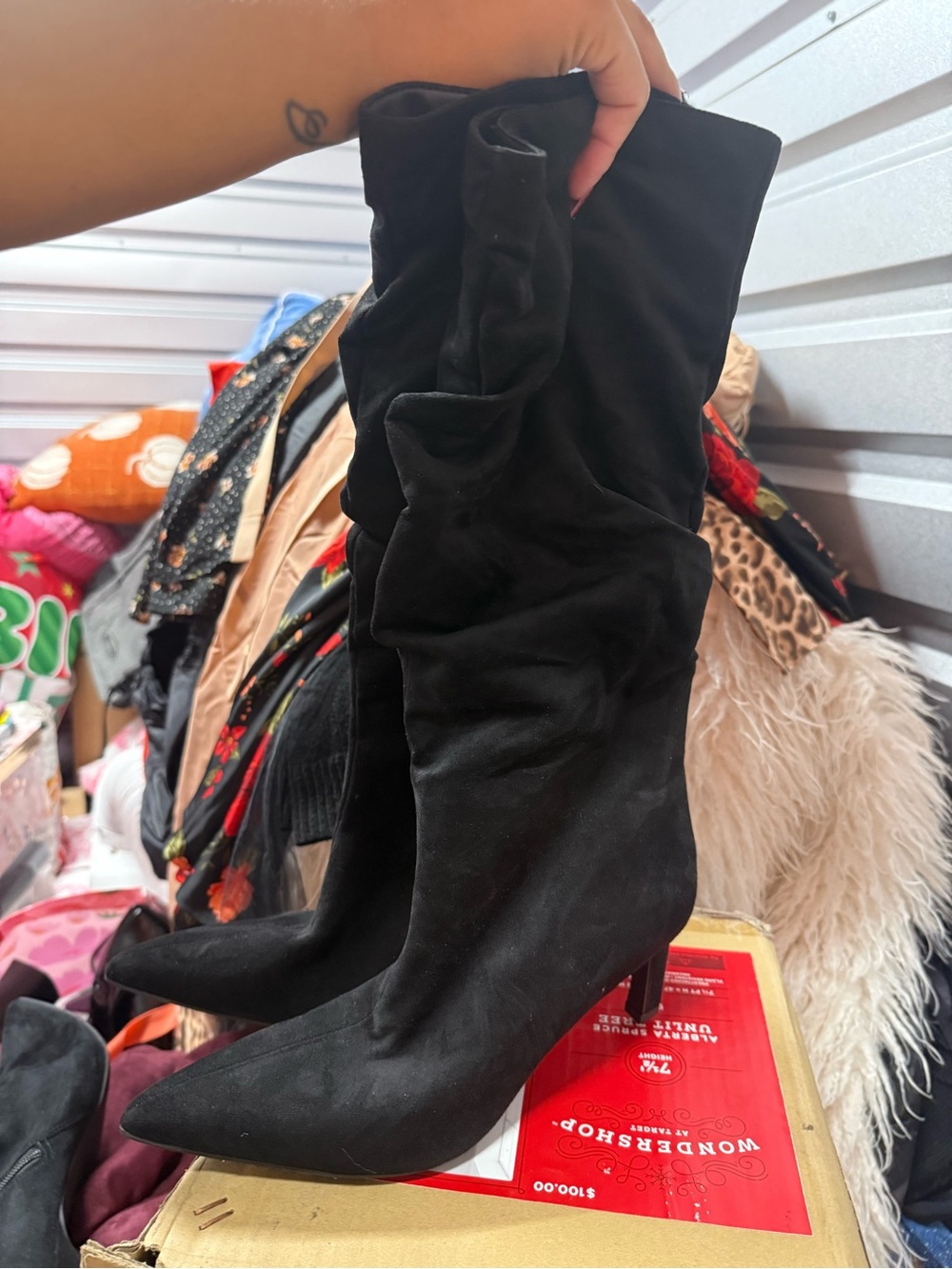 Time and tru Women’s Black Slouchy Pointed-Toe Heeled Boots in size 11 wide
